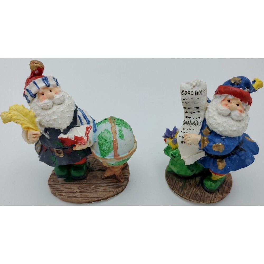 Vtg 1996 Handpainted Hermitage Pottery Santa Claus Set of 2 Blue List Globe 3.5"